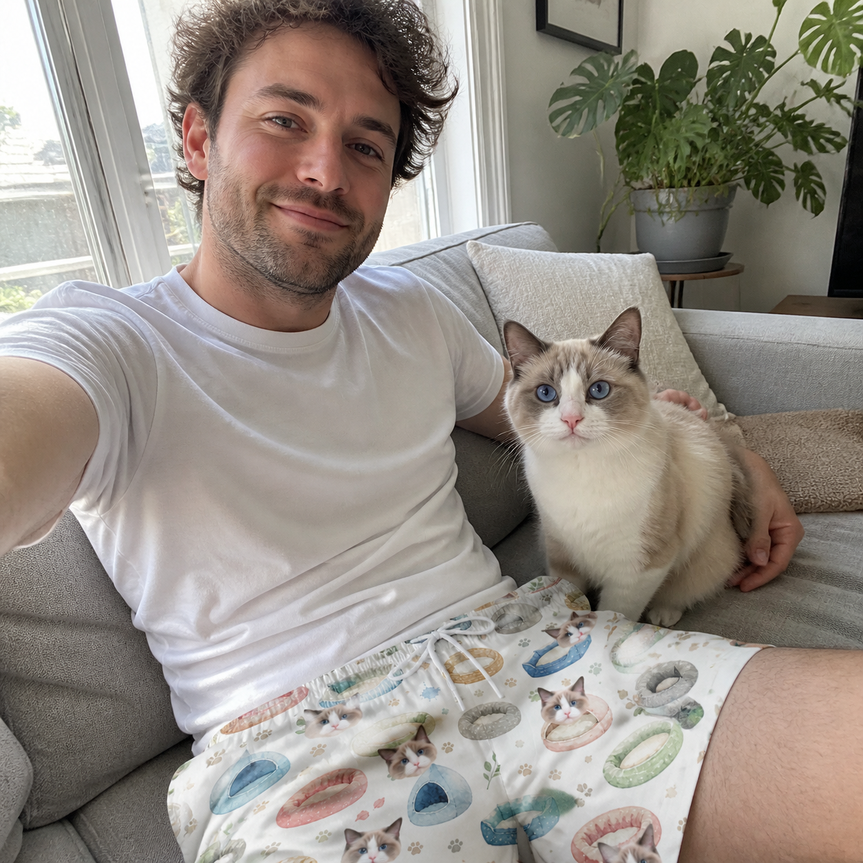 Selfie with the pet whose face is printed all over this Men's Dreamy Dens Custom Cat Face Beach Shorts