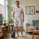 Full-length photo with the pet printed all over this Men's Dreamy Dens Custom Cat Face Beach Shorts
