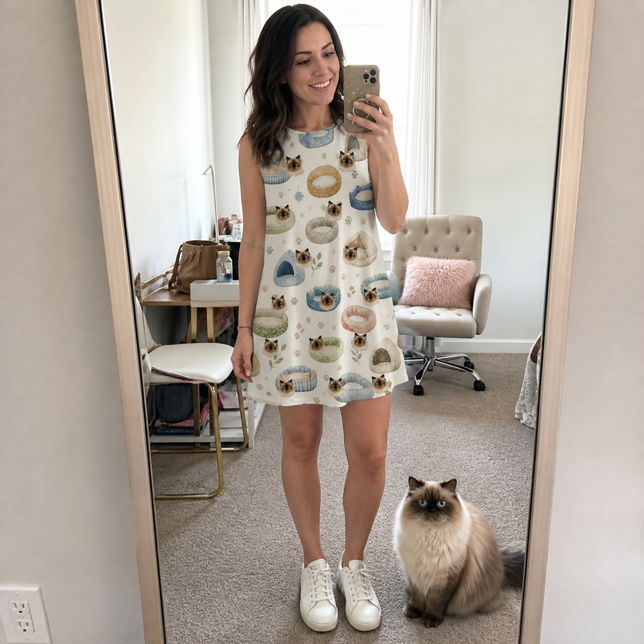 Full-length photo with the pet printed all over this Women's Dreamy Dens Custom Cat Face Tank Dress