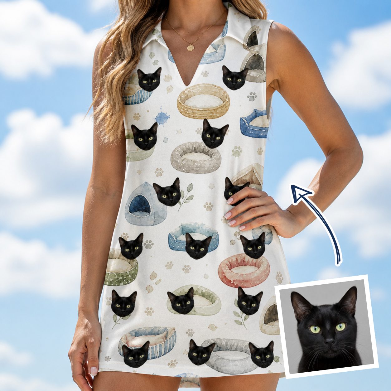 Woman wearing Women's Dreamy Dens Custom Cat Face V-Neck Dress — custom faces printed all-over