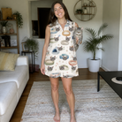 Full-length photo with the pet printed all over this Women's Dreamy Dens Custom Cat Face V-Neck Dress