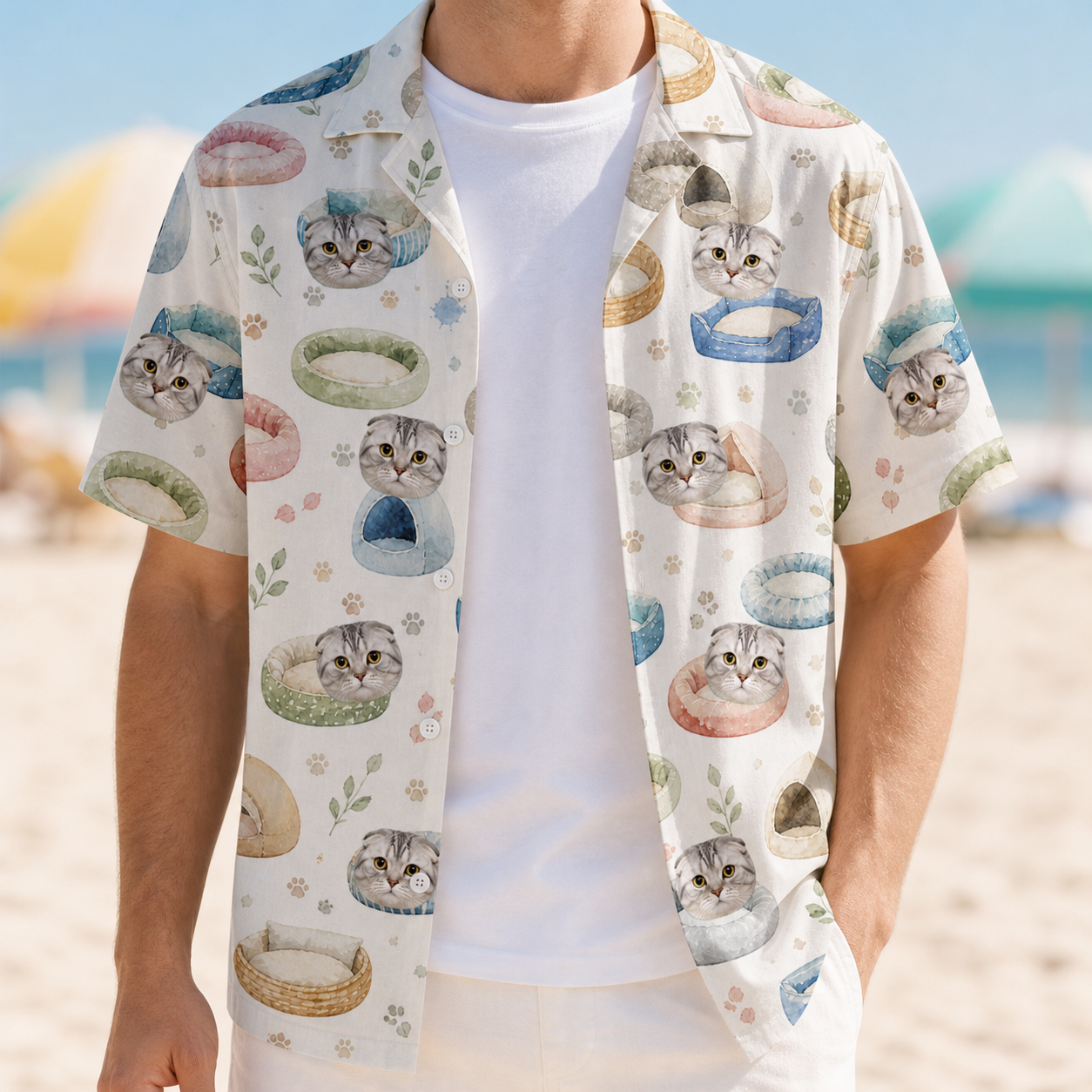 Man wearing Men's Dreamy Dens Custom Cat Face Hawaiian Shirt open over a white tee