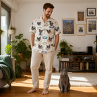 Full-length photo with the pet printed all over this Men's Dreamy Dens Custom Cat Face Hawaiian Shirt
