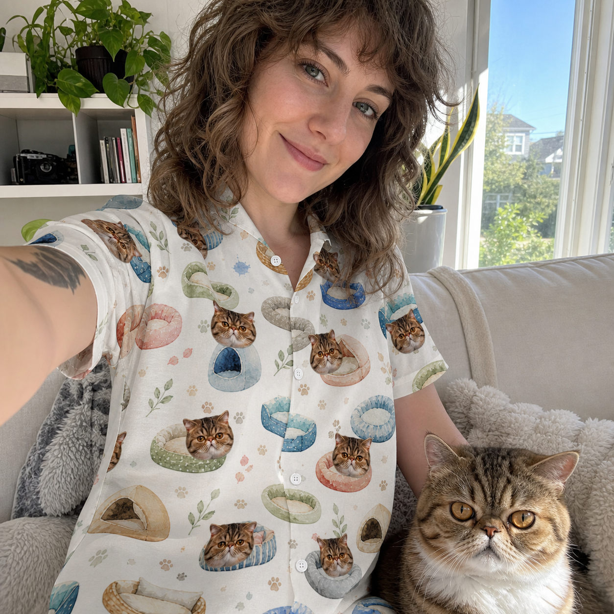 Selfie with the pet whose face is printed all over this Women's Dreamy Dens Custom Cat Face Hawaiian Shirt