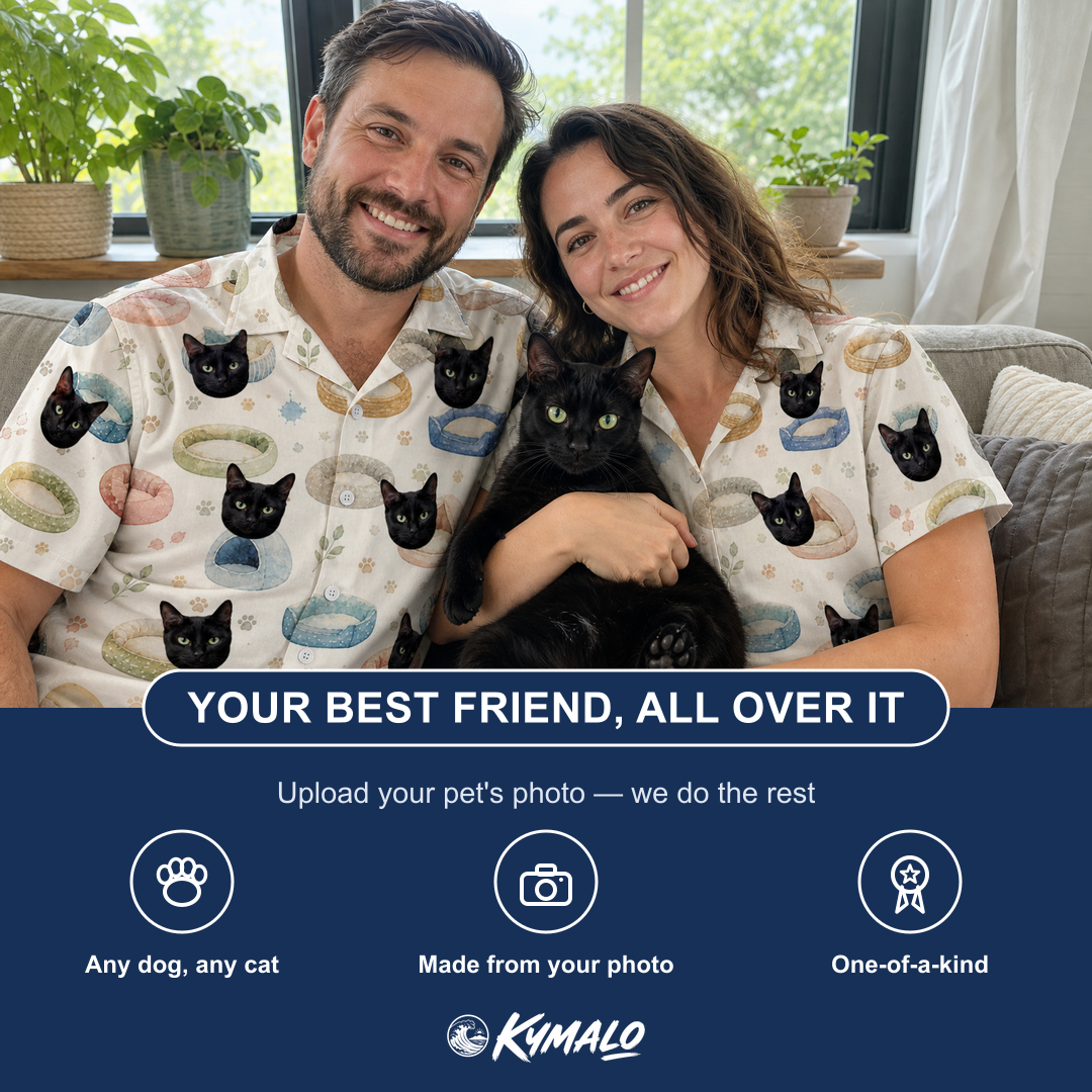 Friends in matching Women's Dreamy Dens Custom Cat Face Hawaiian Shirt — a group gift photo