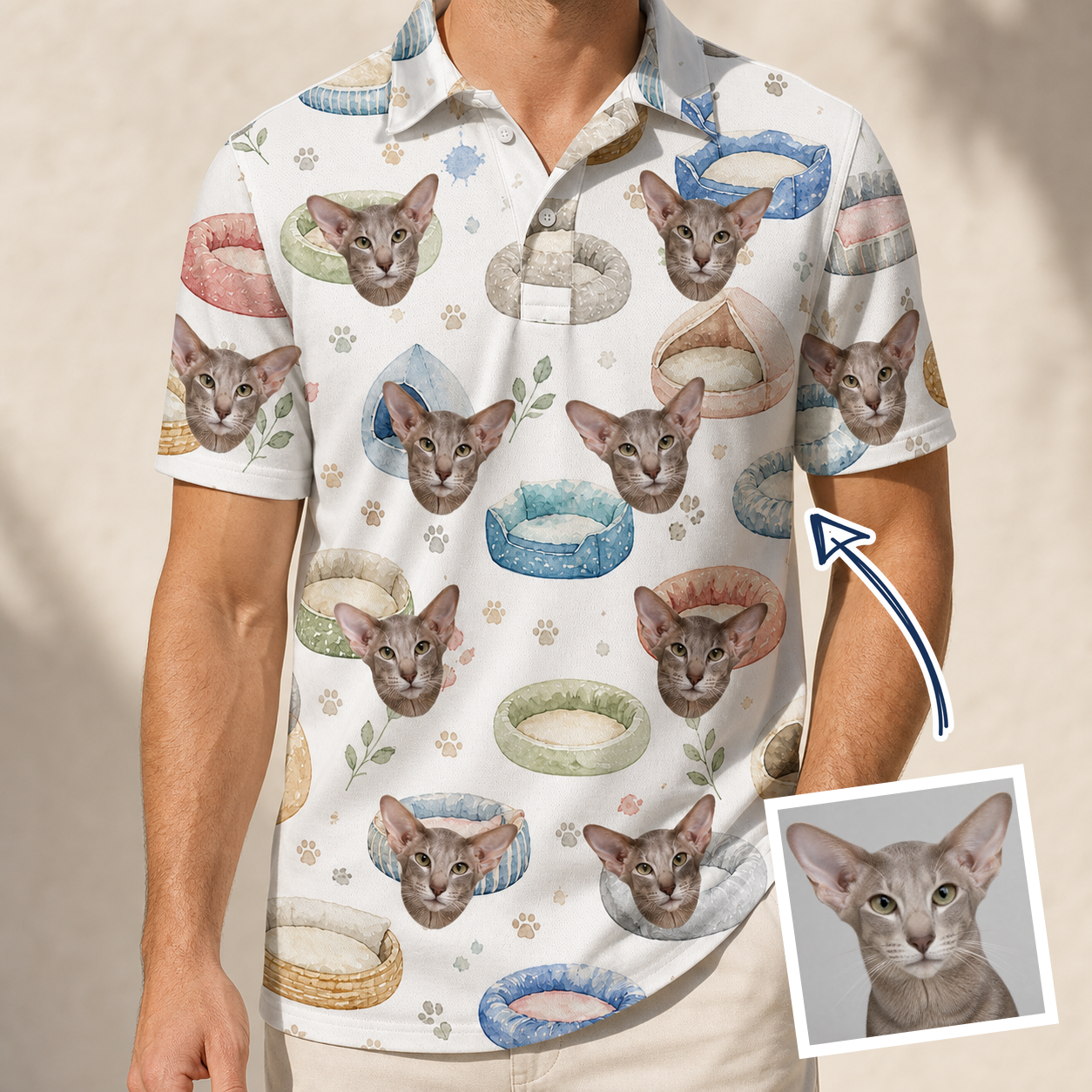 Man wearing Men's Dreamy Dens Custom Cat Face Polo Shirt — custom faces printed all-over