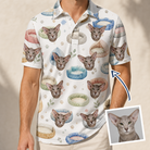 Man wearing Men's Dreamy Dens Custom Cat Face Polo Shirt — custom faces printed all-over