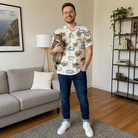 Full-length photo with the pet printed all over this Men's Dreamy Dens Custom Cat Face Polo Shirt