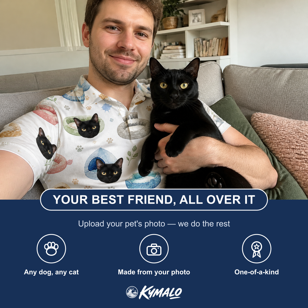 Friends in matching Men's Dreamy Dens Custom Cat Face Polo Shirt — a group gift photo