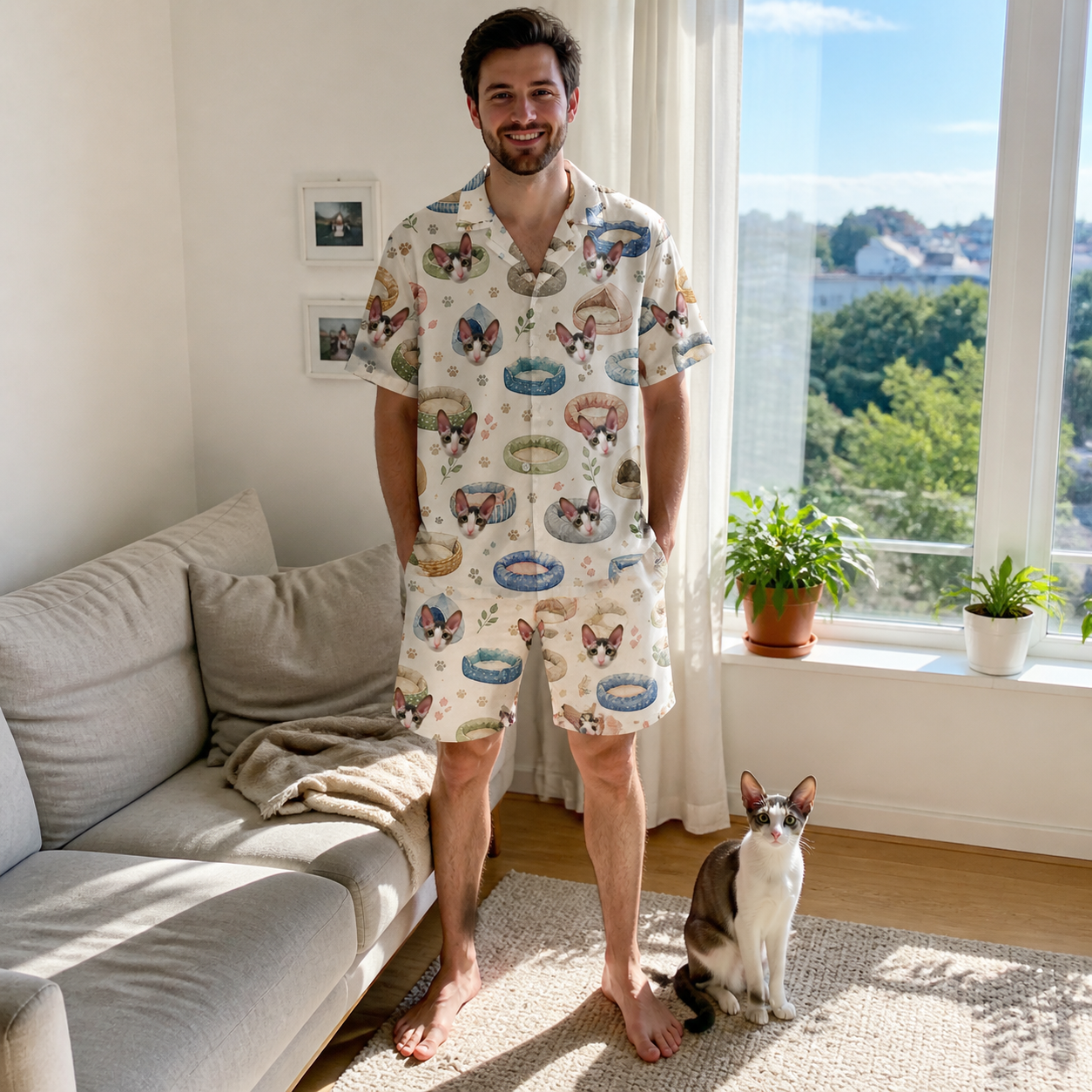 Full-length photo with the pet printed all over this Men's Dreamy Dens Custom Cat Face Shirt & Shorts Set