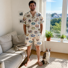 Full-length photo with the pet printed all over this Men's Dreamy Dens Custom Cat Face Shirt & Shorts Set
