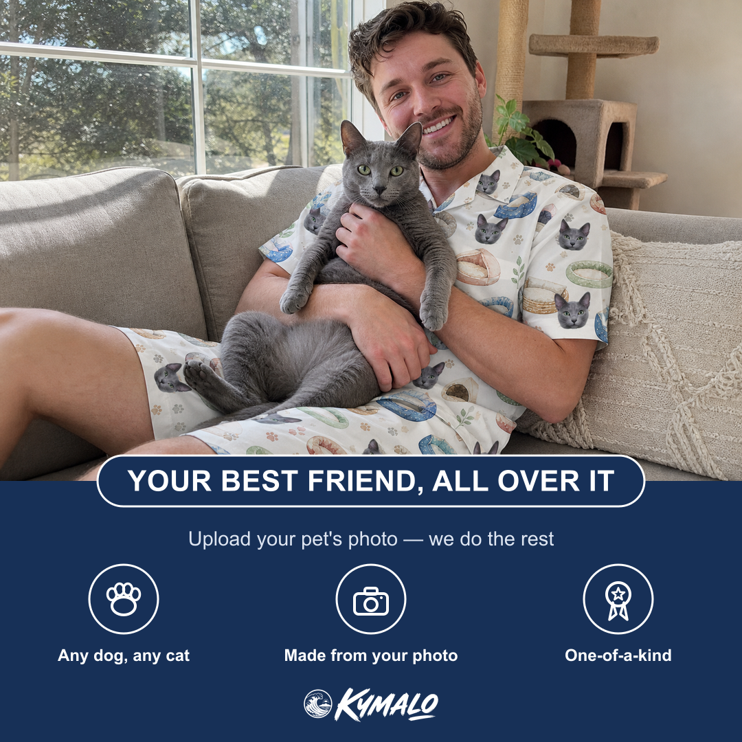 Friends in matching Men's Dreamy Dens Custom Cat Face Shirt & Shorts Set — a group gift photo