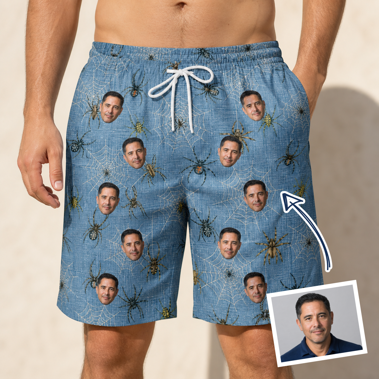 Man wearing Men's Scuttle Sideshow Custom Face Beach Shorts — custom faces printed all-over