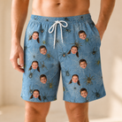 Model wearing Men's Scuttle Sideshow Custom Face Beach Shorts printed with kids' faces
