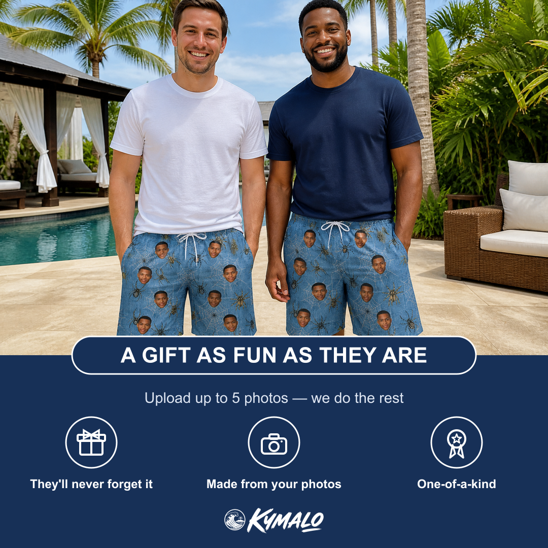 Friends in matching Men's Scuttle Sideshow Custom Face Beach Shorts — a group gift photo