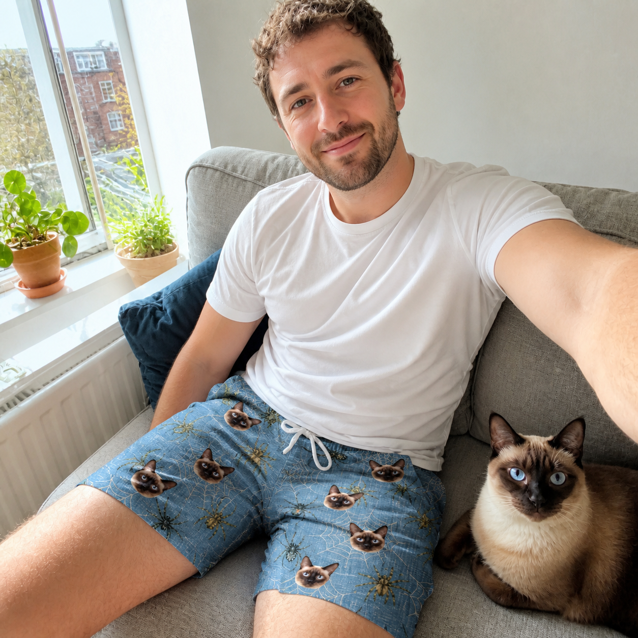 Selfie with the pet whose face is printed all over this Men's Scuttle Sideshow Custom Cat Face Beach Shorts