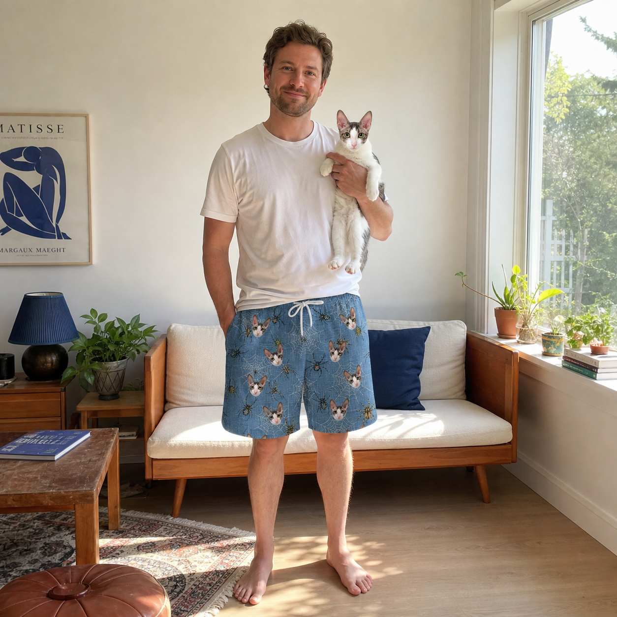Full-length photo with the pet printed all over this Men's Scuttle Sideshow Custom Cat Face Beach Shorts