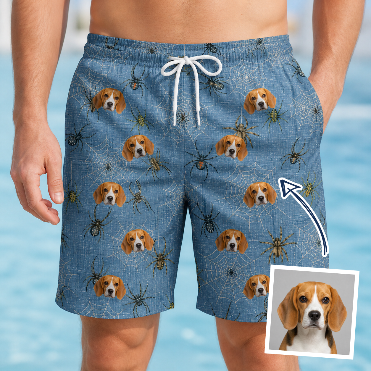 Man wearing Men's Scuttle Sideshow Custom Dog Face Beach Shorts — custom faces printed all-over