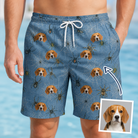 Man wearing Men's Scuttle Sideshow Custom Dog Face Beach Shorts — custom faces printed all-over