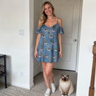 Full-length photo with the pet printed all over this Women's Scuttle Sideshow Custom Cat Face Off-Shoulder Dress