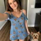 Selfie with the pet whose face is printed all over this Women's Scuttle Sideshow Custom Dog Face Off-Shoulder Dress