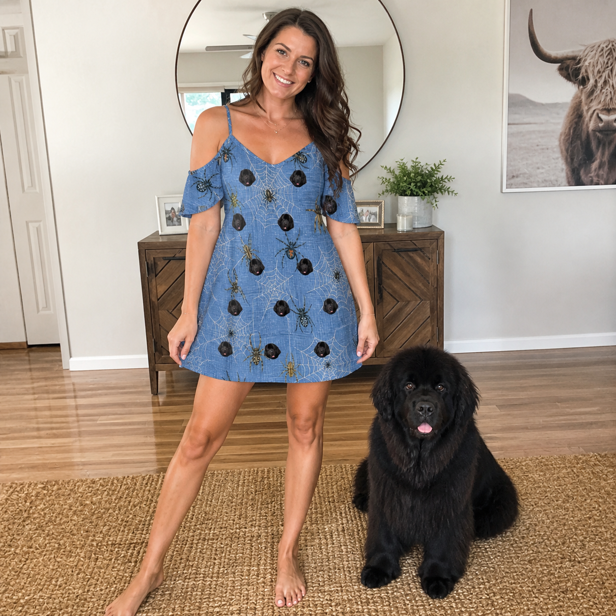 Full-length photo with the pet printed all over this Women's Scuttle Sideshow Custom Dog Face Off-Shoulder Dress