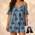 Woman wearing Women's Scuttle Sideshow Custom Face Off-Shoulder Dress — custom faces printed all-over