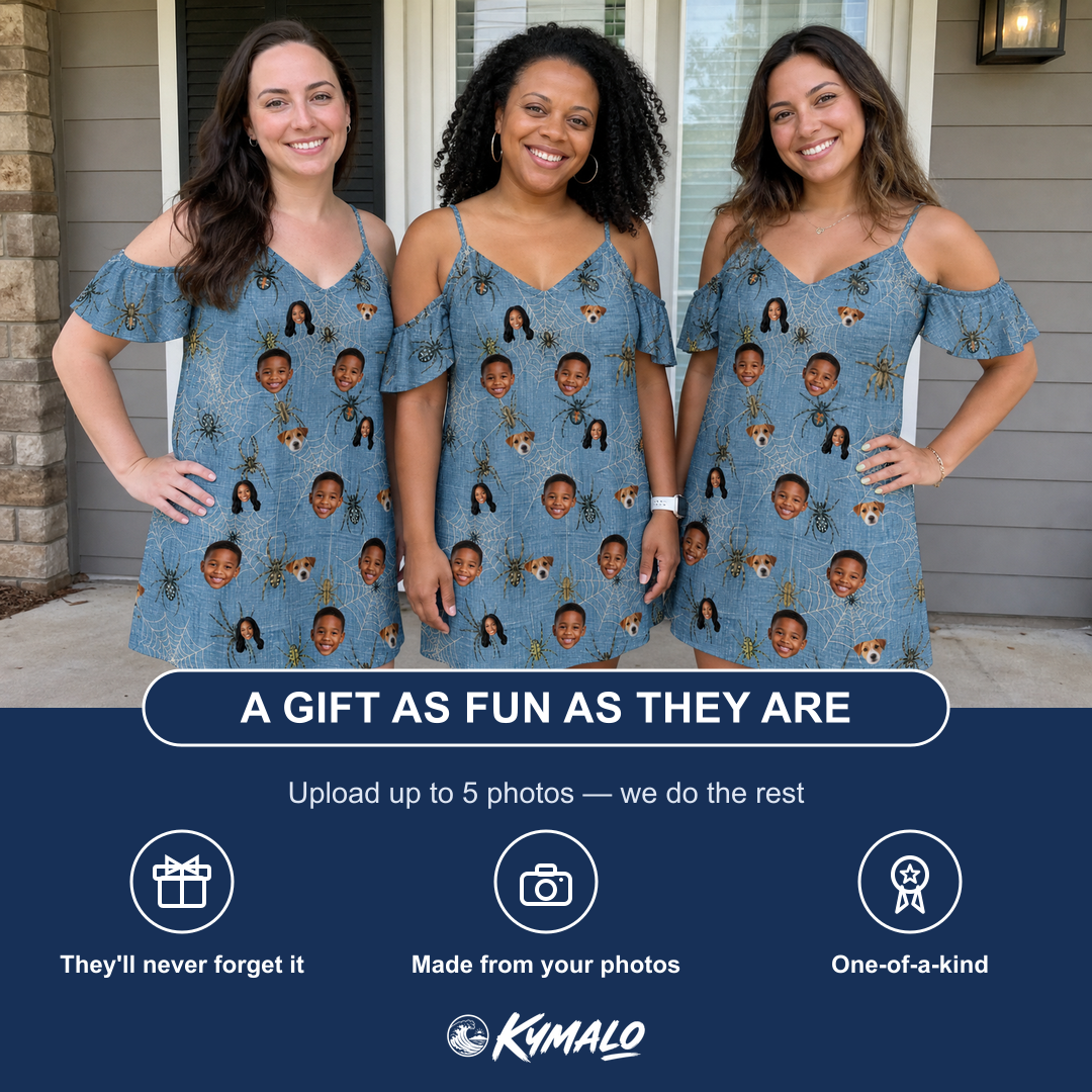 Friends in matching Women's Scuttle Sideshow Custom Face Off-Shoulder Dress — a group gift photo