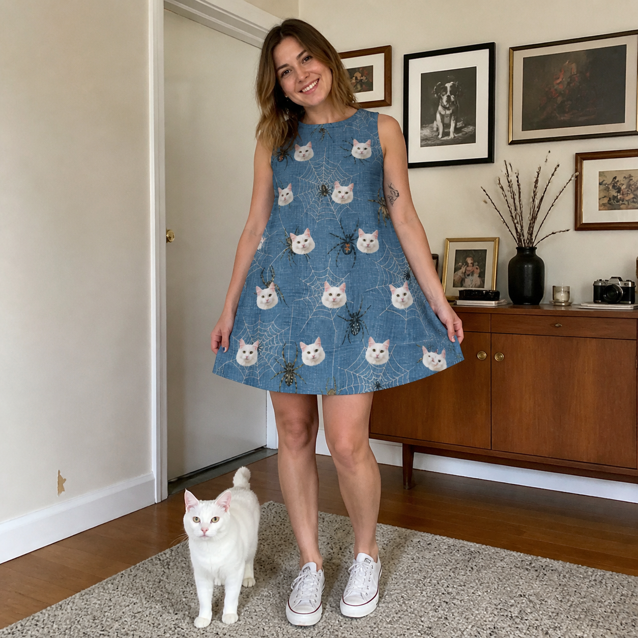 Full-length photo with the pet printed all over this Women's Scuttle Sideshow Custom Cat Face Tank Dress