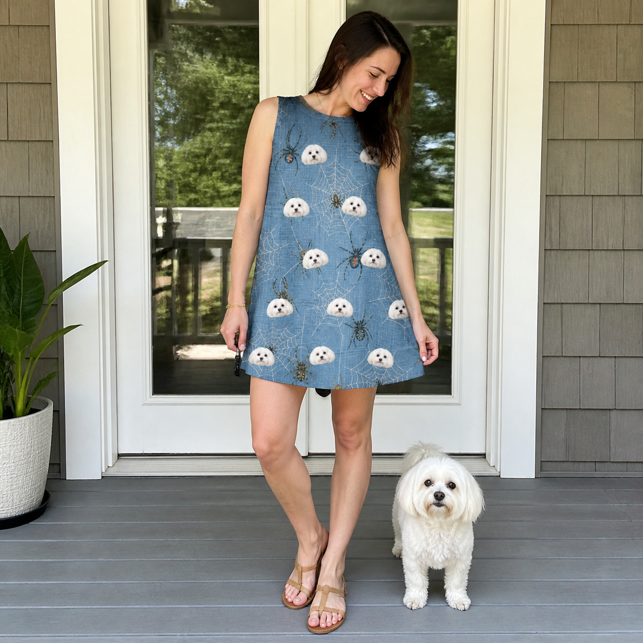Full-length photo with the pet printed all over this Women's Scuttle Sideshow Custom Dog Face Tank Dress