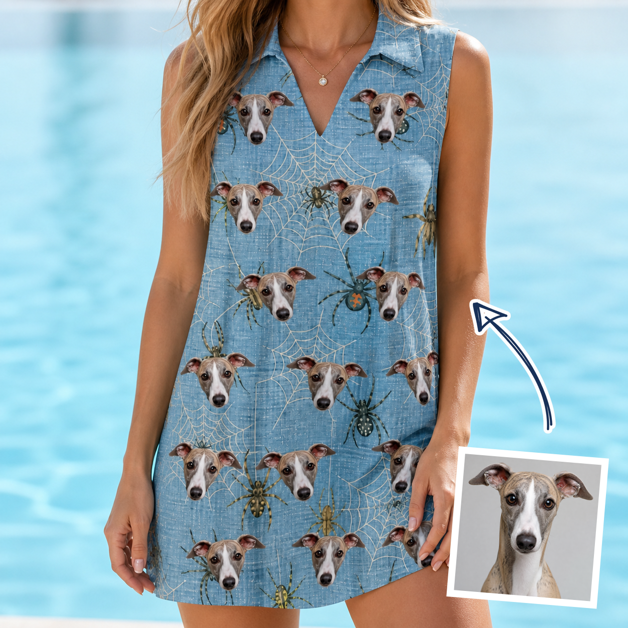Woman wearing Women's Scuttle Sideshow Custom Dog Face V-Neck Dress — custom faces printed all-over
