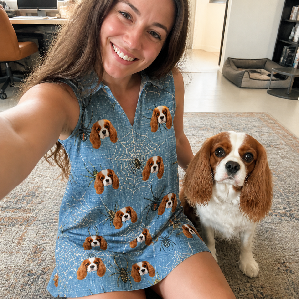 Selfie with the pet whose face is printed all over this Women's Scuttle Sideshow Custom Dog Face V-Neck Dress