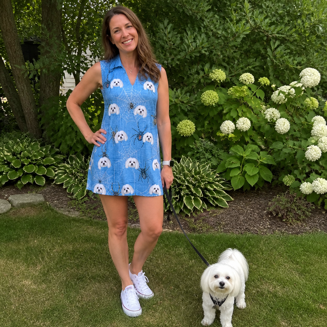 Full-length photo with the pet printed all over this Women's Scuttle Sideshow Custom Dog Face V-Neck Dress