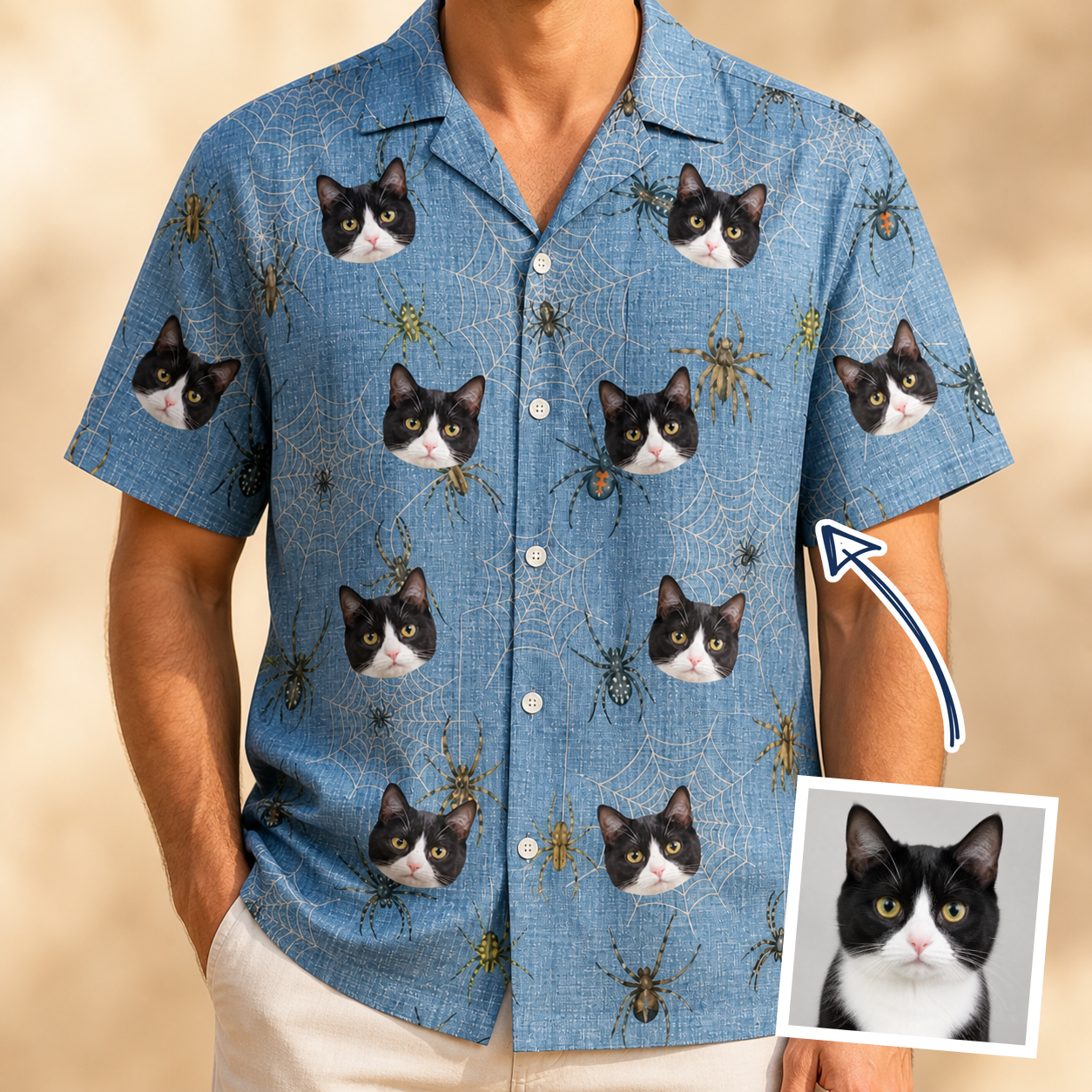 Man wearing Men's Scuttle Sideshow Custom Cat Face Hawaiian Shirt — custom faces printed all-over
