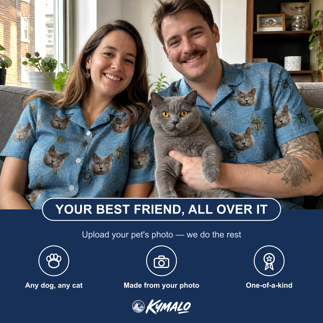 Friends in matching Men's Scuttle Sideshow Custom Cat Face Hawaiian Shirt — a group gift photo