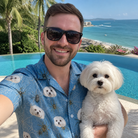 Selfie with the pet whose face is printed all over this Men's Scuttle Sideshow Custom Dog Face Hawaiian Shirt
