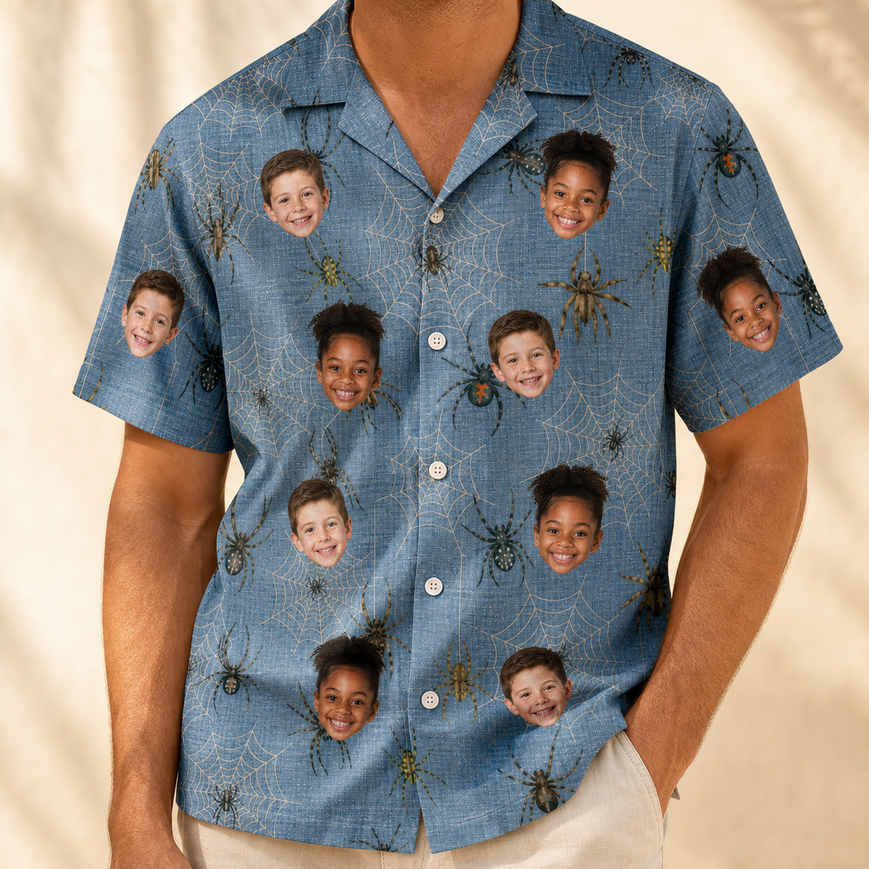 Model wearing Men's Scuttle Sideshow Custom Face Hawaiian Shirt printed with kids' faces
