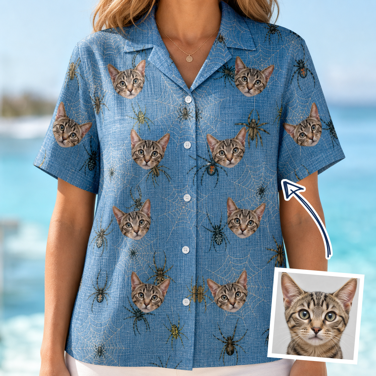Woman wearing Women's Scuttle Sideshow Custom Cat Face Hawaiian Shirt — custom faces printed all-over