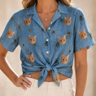Woman wearing Women's Scuttle Sideshow Custom Cat Face Hawaiian Shirt tied at the waist