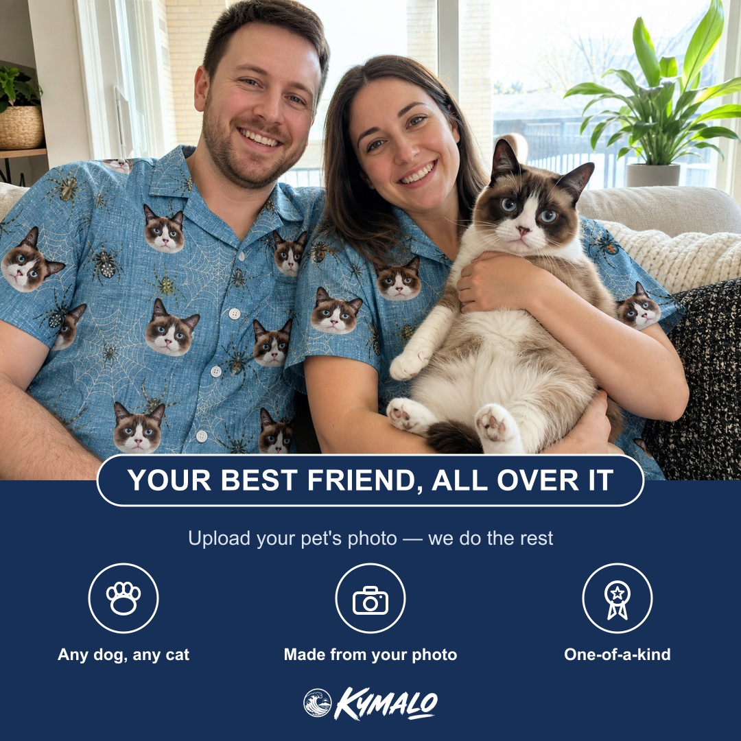Friends in matching Women's Scuttle Sideshow Custom Cat Face Hawaiian Shirt — a group gift photo