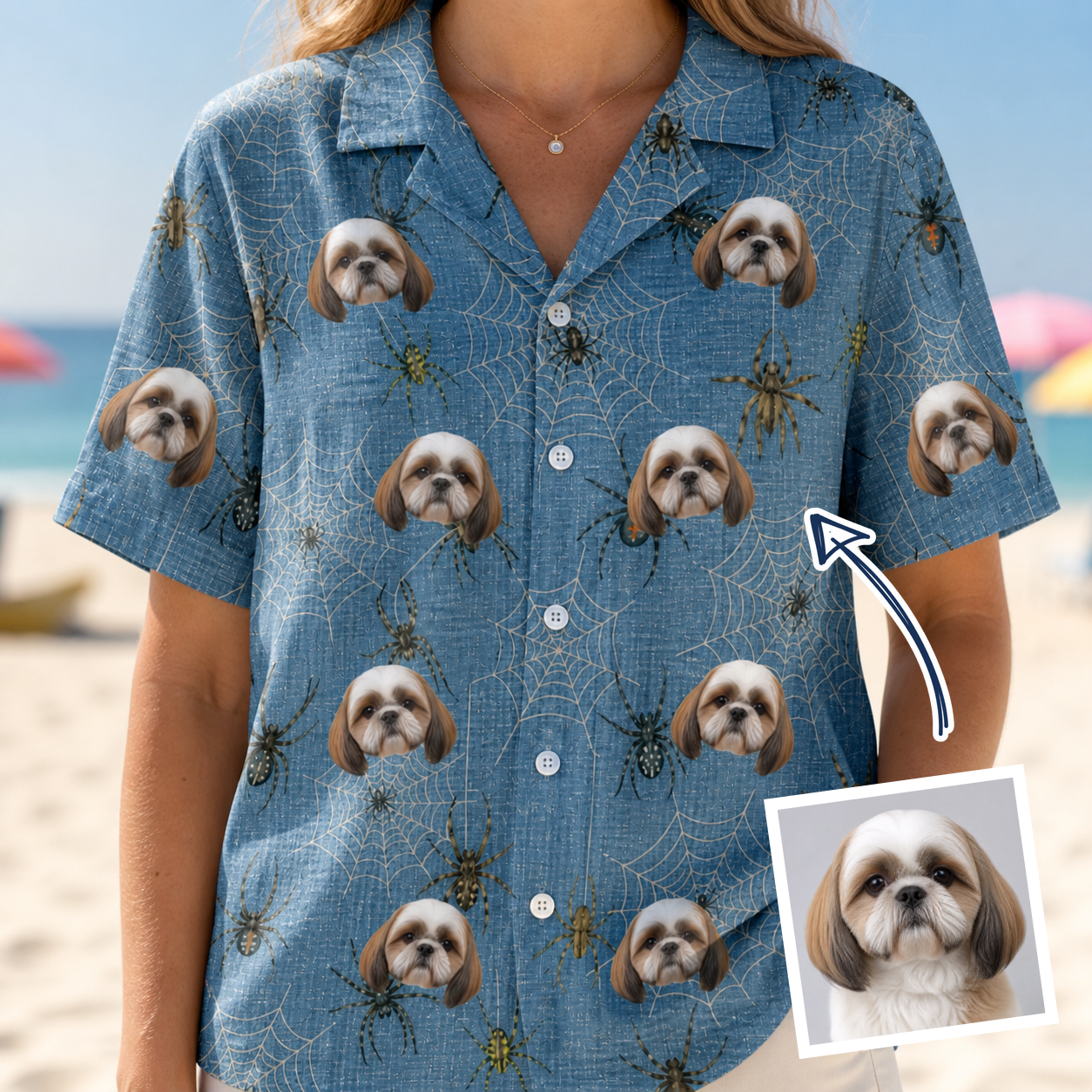 Woman wearing Women's Scuttle Sideshow Custom Dog Face Hawaiian Shirt — custom faces printed all-over