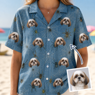 Woman wearing Women's Scuttle Sideshow Custom Dog Face Hawaiian Shirt — custom faces printed all-over