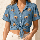 Woman wearing Women's Scuttle Sideshow Custom Dog Face Hawaiian Shirt tied at the waist