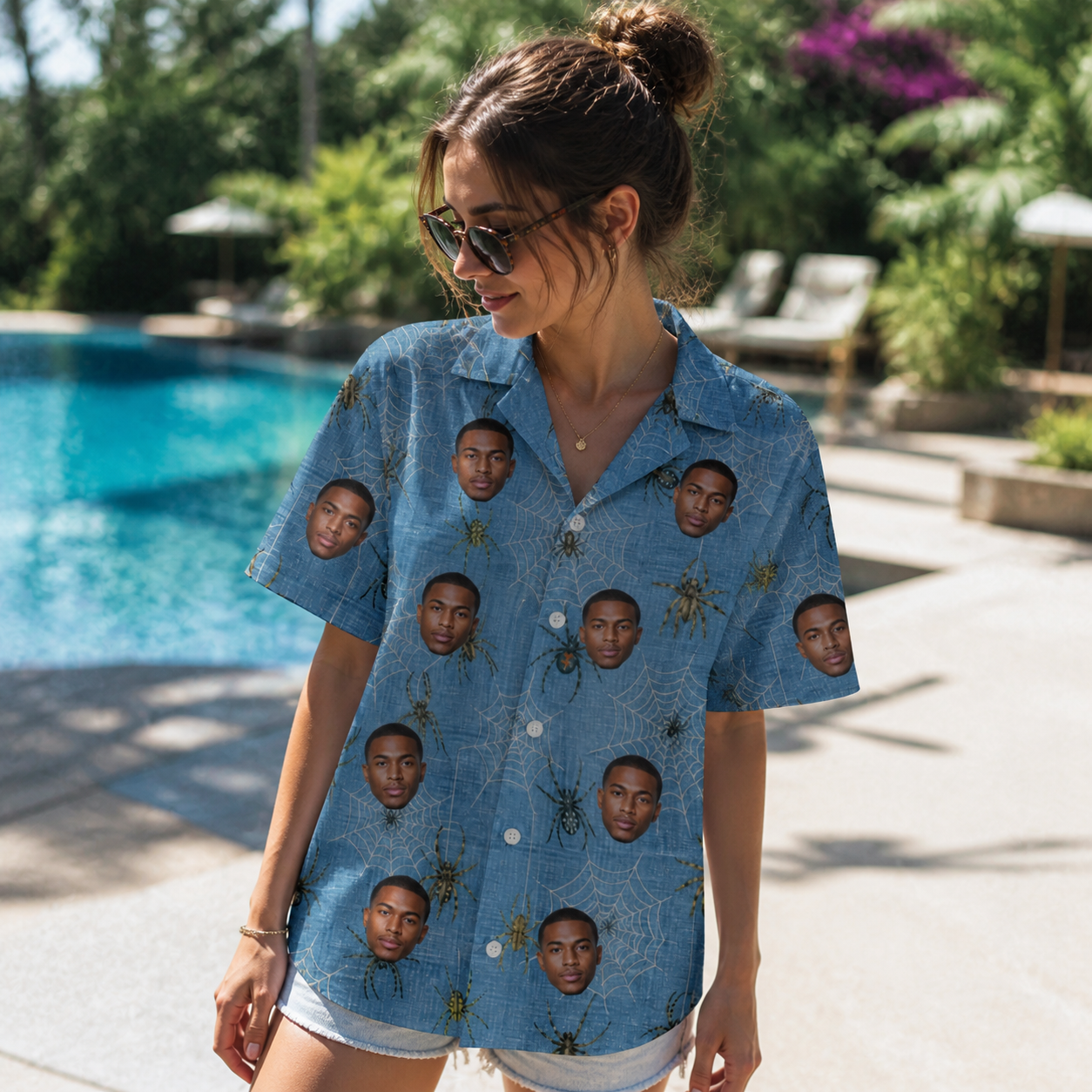 Real-life photo of someone wearing Women's Scuttle Sideshow Custom Face Hawaiian Shirt — custom faces printed all-over