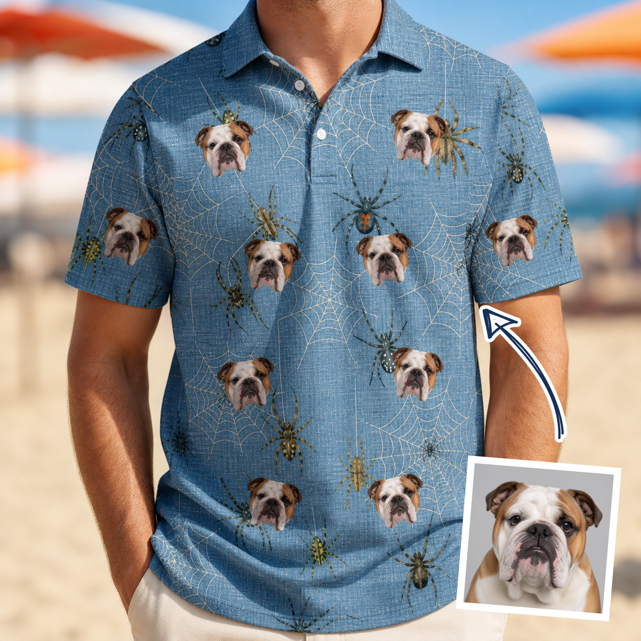 Man wearing Men's Scuttle Sideshow Custom Dog Face Polo Shirt — custom faces printed all-over