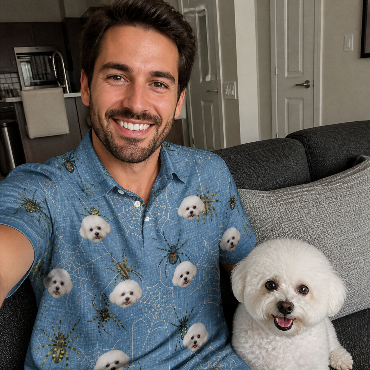Selfie with the pet whose face is printed all over this Men's Scuttle Sideshow Custom Dog Face Polo Shirt