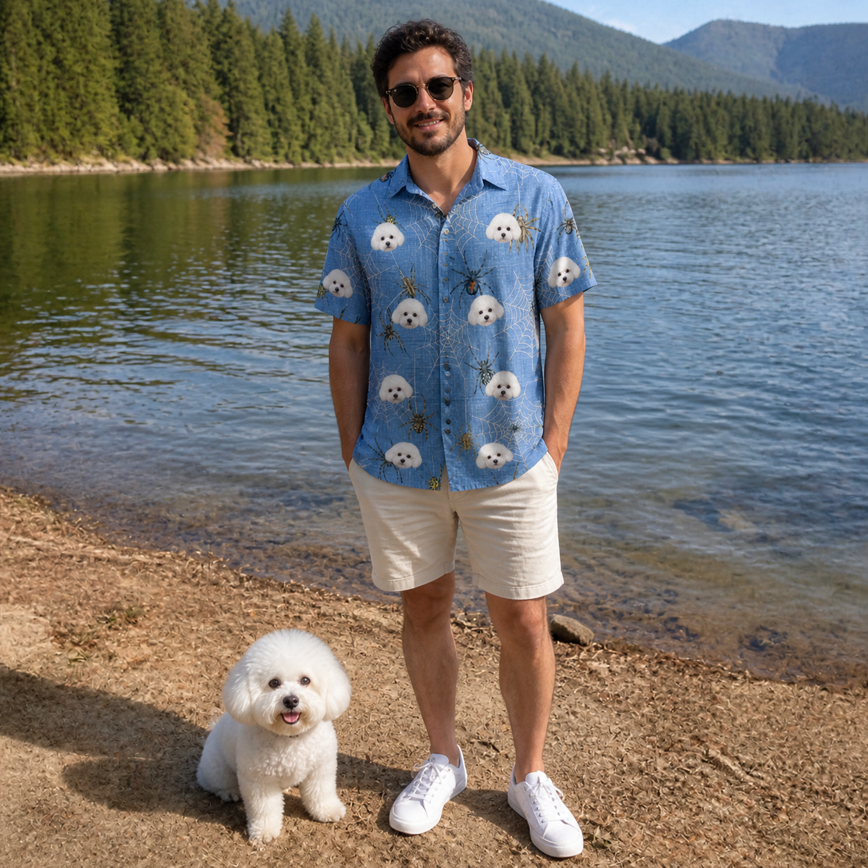Full-length photo with the pet printed all over this Men's Scuttle Sideshow Custom Dog Face Polo Shirt