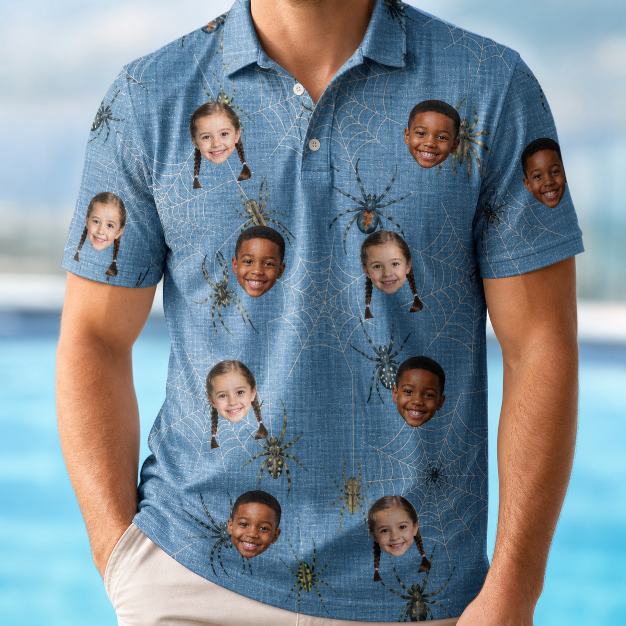 Model wearing Men's Scuttle Sideshow Custom Face Polo Shirt printed with kids' faces