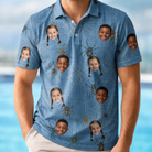 Model wearing Men's Scuttle Sideshow Custom Face Polo Shirt printed with kids' faces