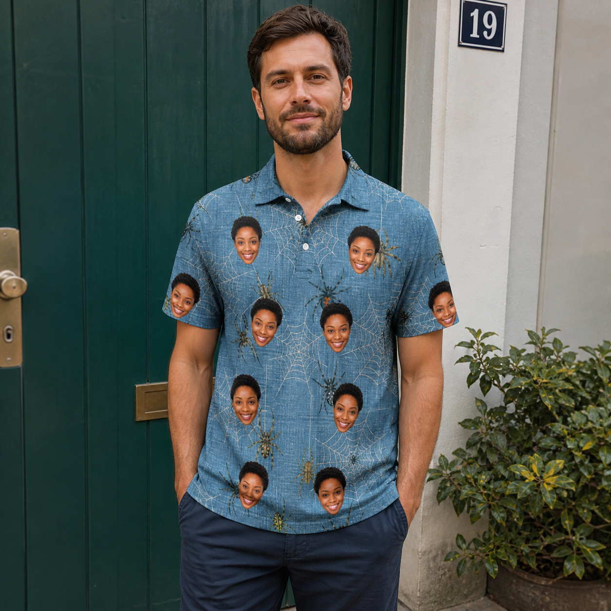 Real-life photo of someone wearing Men's Scuttle Sideshow Custom Face Polo Shirt — custom faces printed all-over